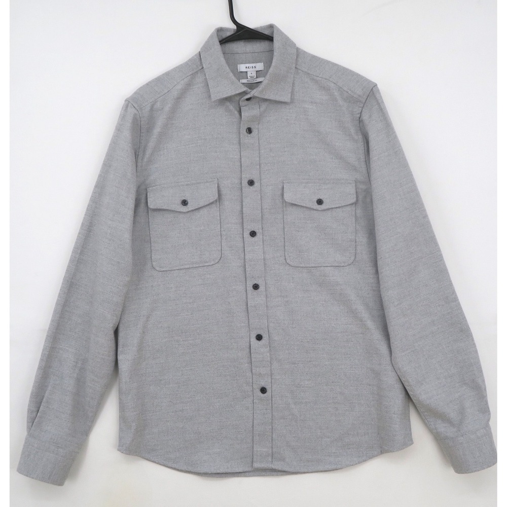 Reiss Mens Grey Regular Fit Brushed Button Down Shirt Large Long Sleeve Pockets
